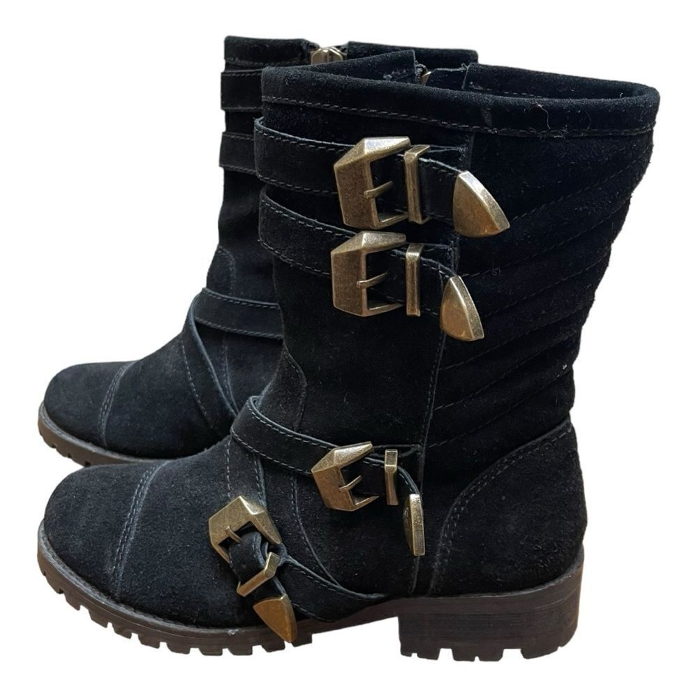 Shellys London Sz 7 Black Leather Suede Biker Moto Combat Boots Buckle Shoes